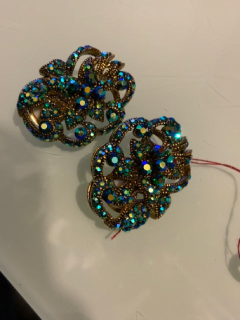 Vintage Clip on Blue Iridescent Earrings