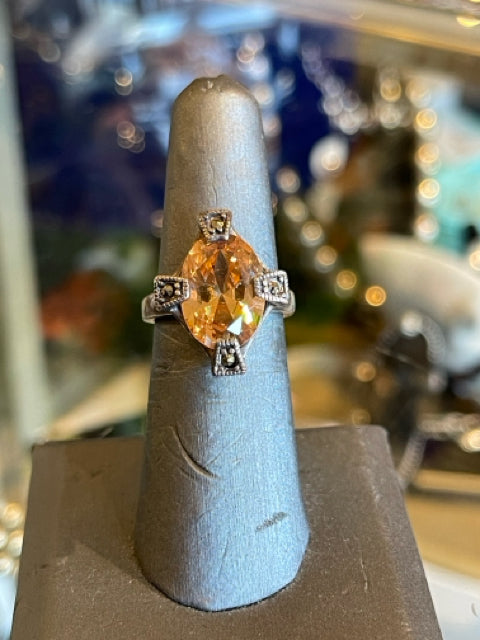 Citrine Ring Sterling Silver 925 Marcasite Sz 5.5