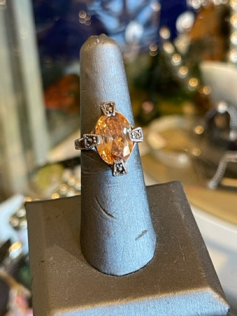 Citrine Ring Sterling Silver 925 Marcasite Sz 5.5